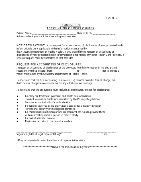 Form E Request for Accounting of Disclosures - Alabama
