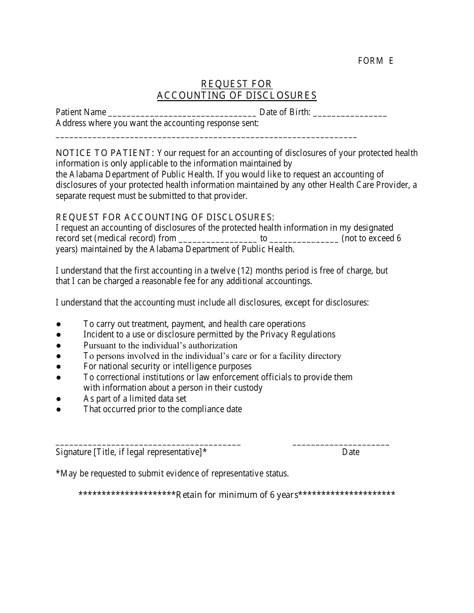 Form E Request for Accounting of Disclosures - Alabama, Page 1