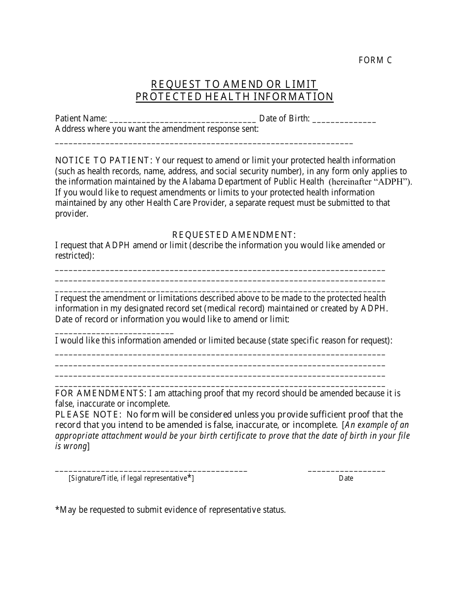 Form C Request to Amend or Limit Protected Health Information - Alabama, Page 1