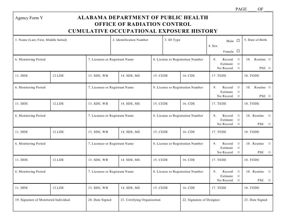 Form Y Cumulative Occupational Exposure History - Alabama, Page 1