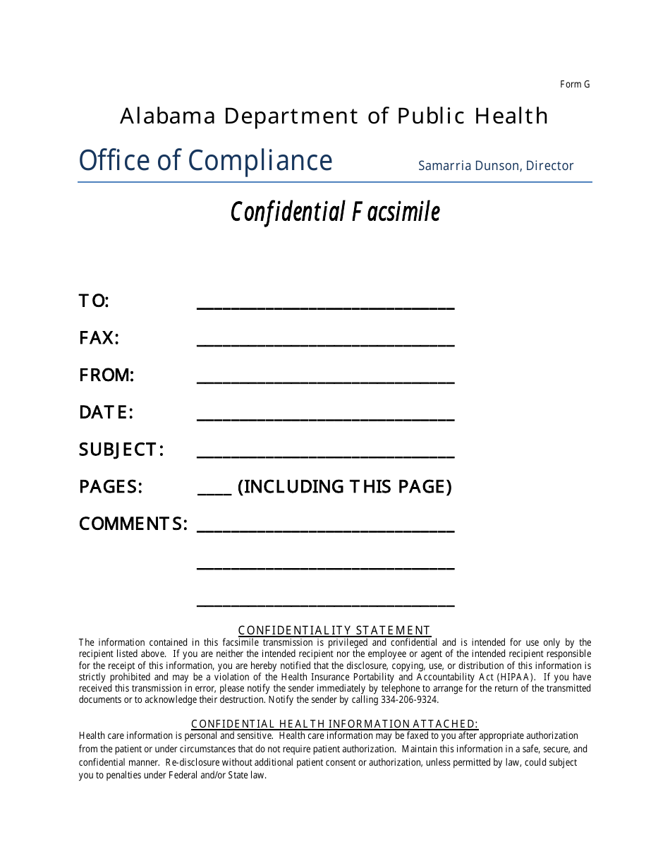Form G Confidential Facsimile - Alabama, Page 1