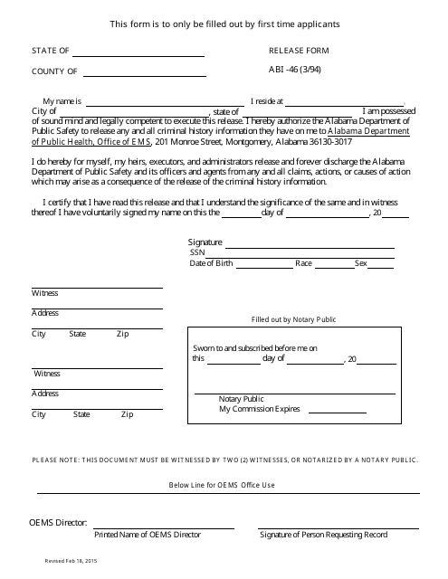 Form ABI-46 Release Form - Alabama