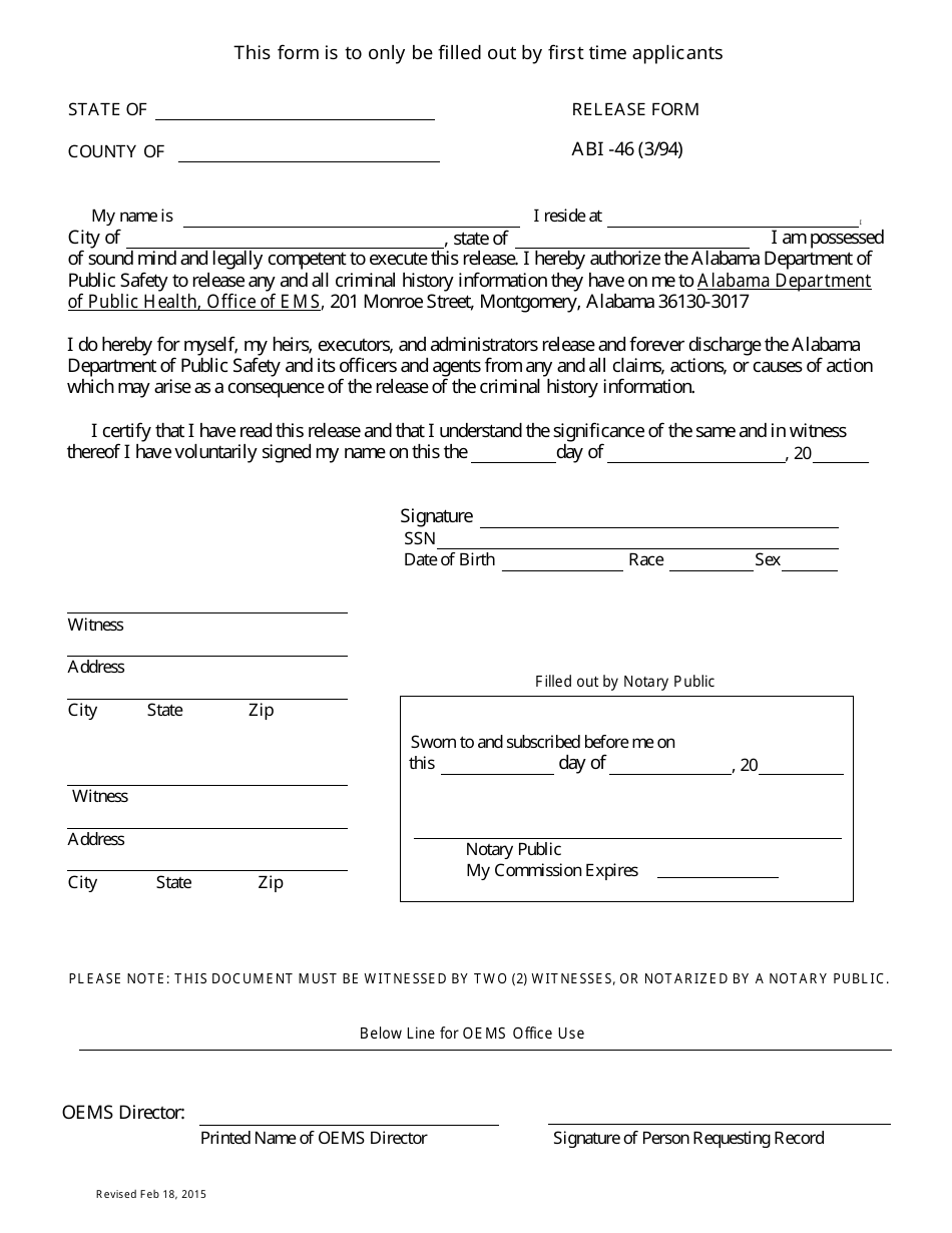 Form ABI-46 Release Form - Alabama, Page 1