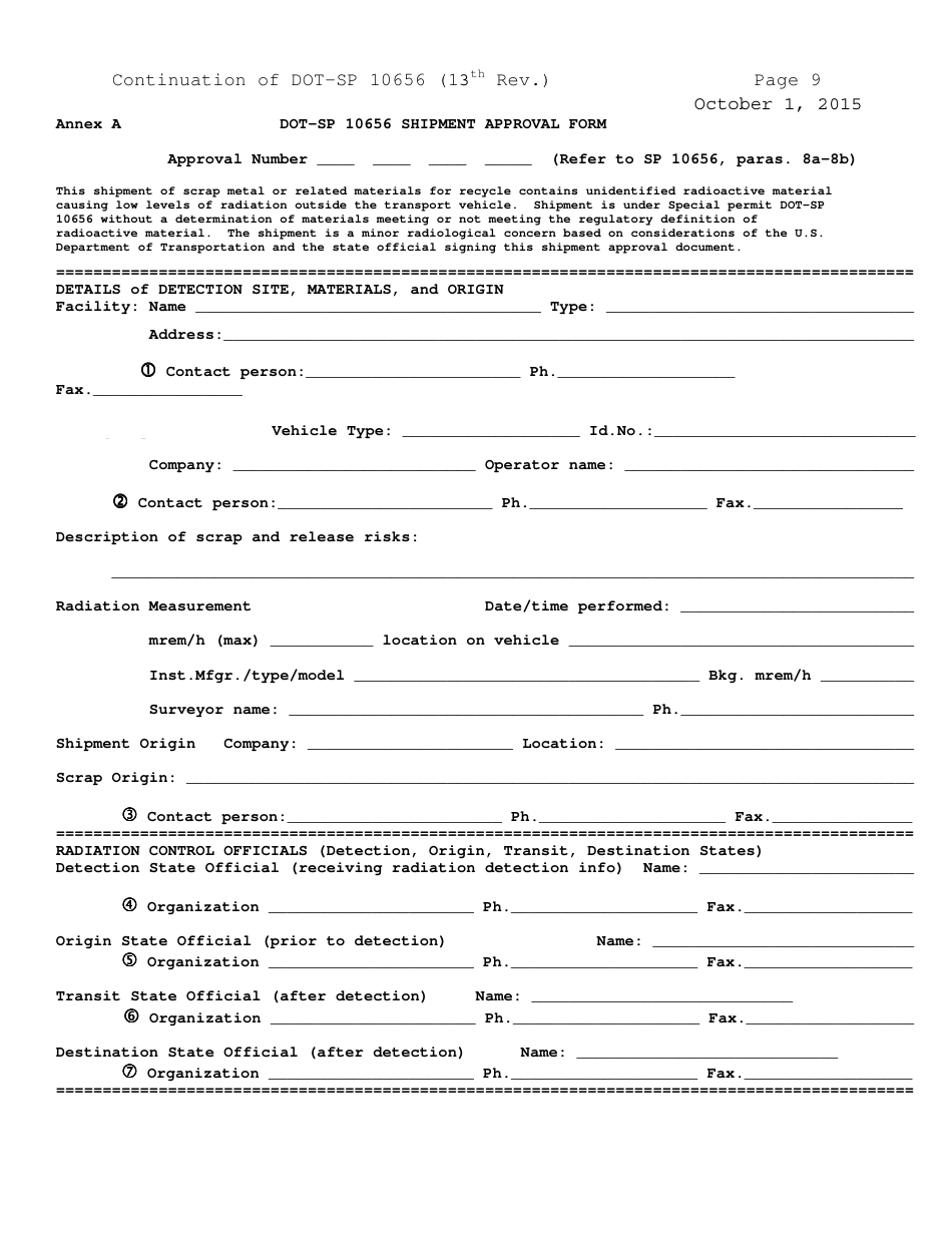 Form DOT-SP10656 Annex A Shipment Approval Form - Pipeline and Hazardous Materials Safety Administration, Page 1
