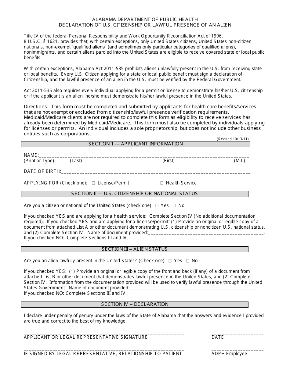 Alabama Declaration of U.S. Citizenship or Lawful Presence of an Alien ...