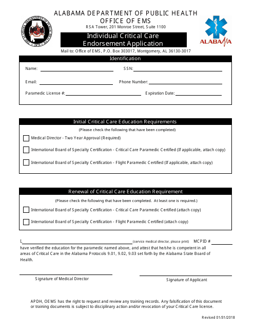Individual Critical Care Endorsement Application Form - Alabama