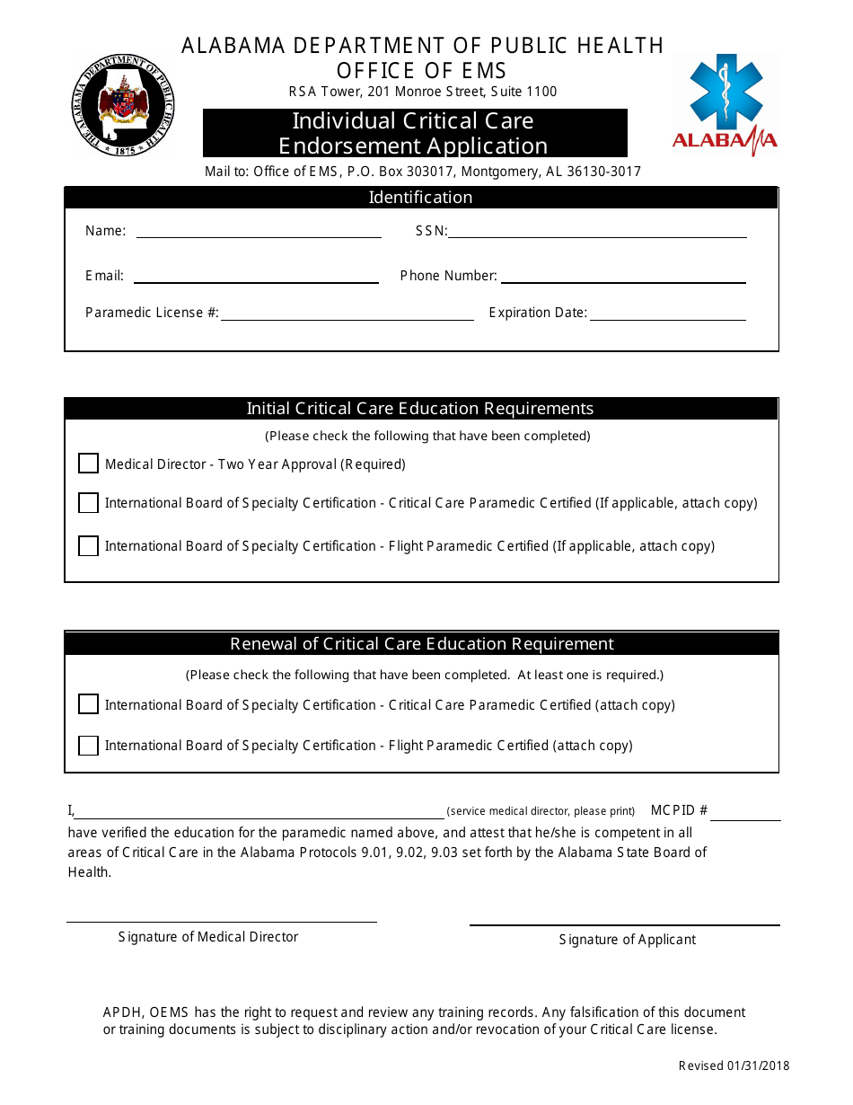 Individual Critical Care Endorsement Application Form - Alabama, Page 1