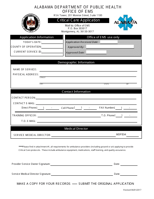 Critical Care Application Form - Alabama Download Pdf
