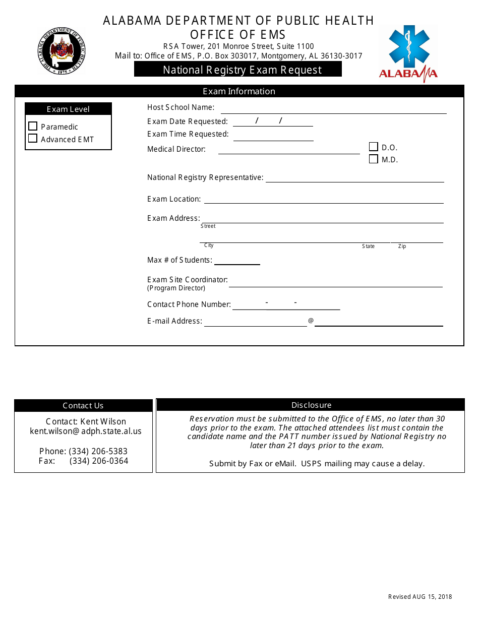 National Registry Exam Request Form - Alabama, Page 1