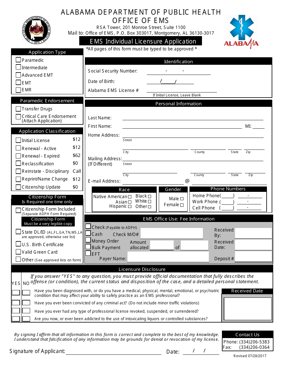 Alabama EMS Individual Licensure Application Form Fill Out, Sign