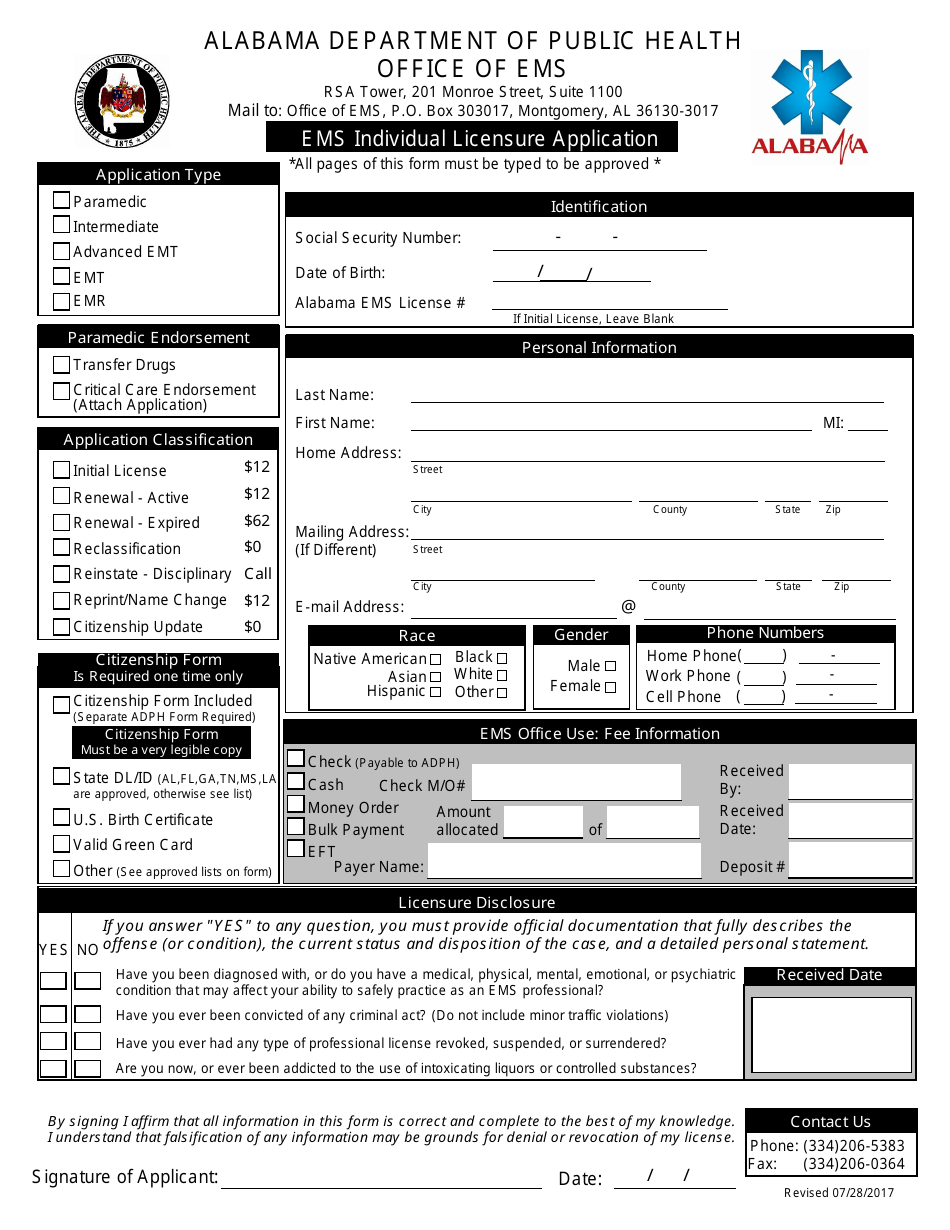 EMS Individual Licensure Application Form - Alabama, Page 1