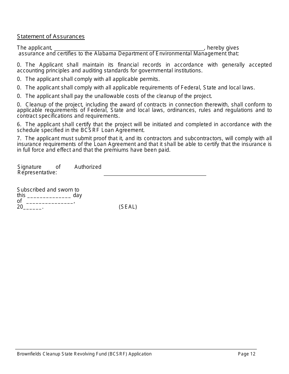 ADEM Form 543 Brownfields Cleanup State Revolving Fund Application Form - Alabama, Page 12