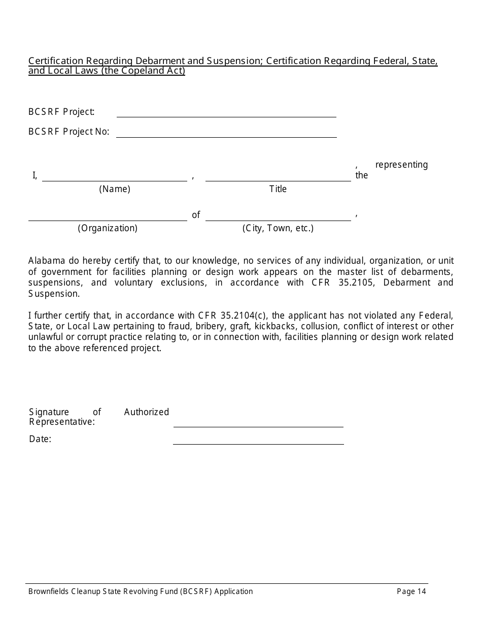 ADEM Form 543 Brownfields Cleanup State Revolving Fund Application Form - Alabama, Page 14
