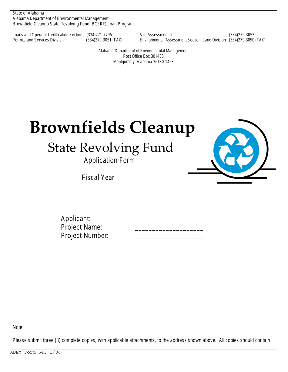 ADEM Form 543 Brownfields Cleanup State Revolving Fund Application Form - Alabama, Page 1