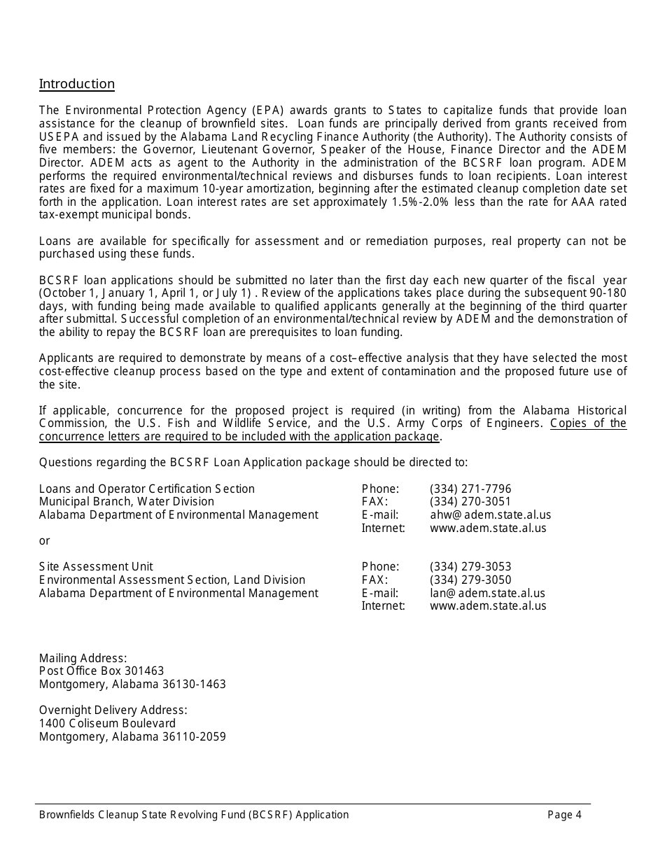 ADEM Form 543 Brownfields Cleanup State Revolving Fund Application Form - Alabama, Page 4