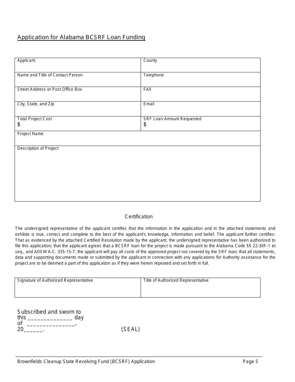 ADEM Form 543 Brownfields Cleanup State Revolving Fund Application Form - Alabama, Page 5