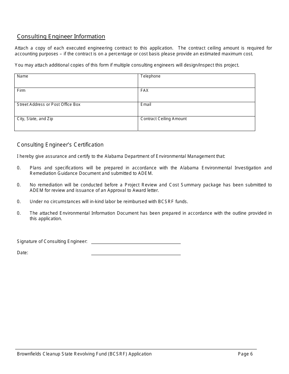 ADEM Form 543 Brownfields Cleanup State Revolving Fund Application Form - Alabama, Page 6