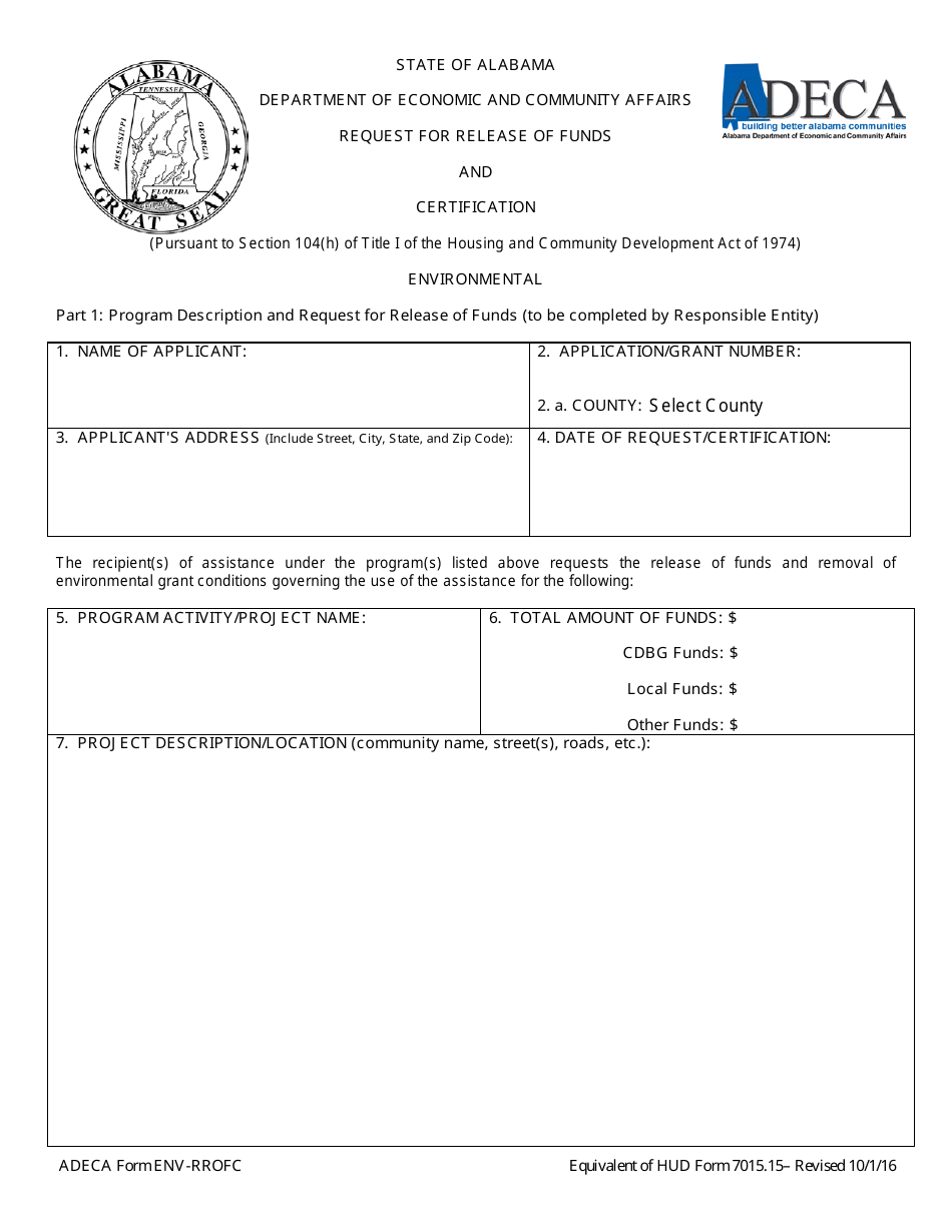 ADECA Form ENV-RROFC Request for Release of Funds and Certification - Alabama, Page 1