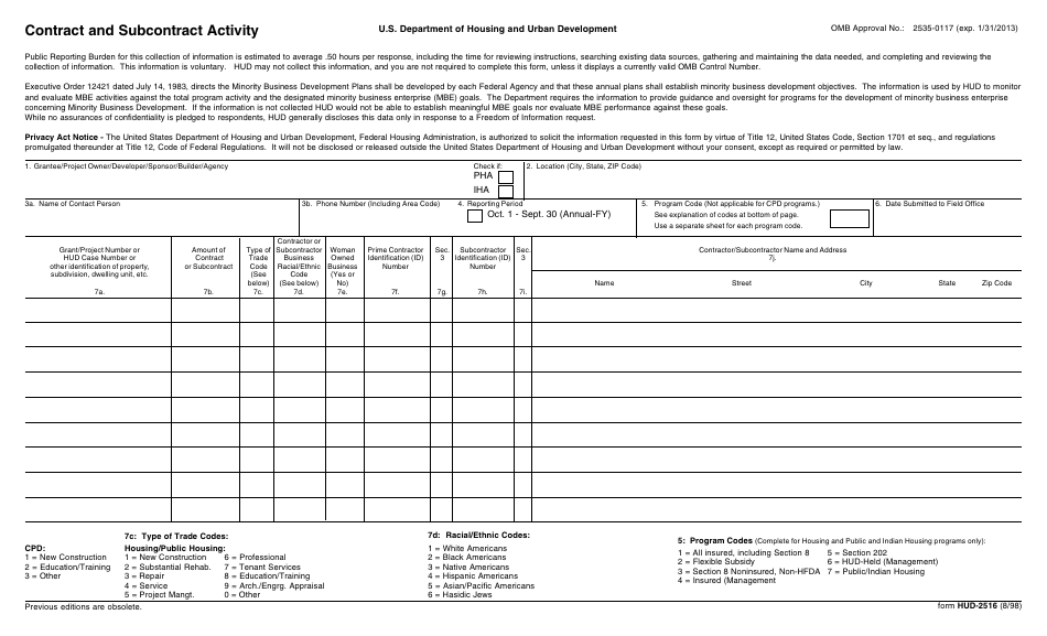 Form HUD-2516 Contract and Subcontract Activity, Page 1