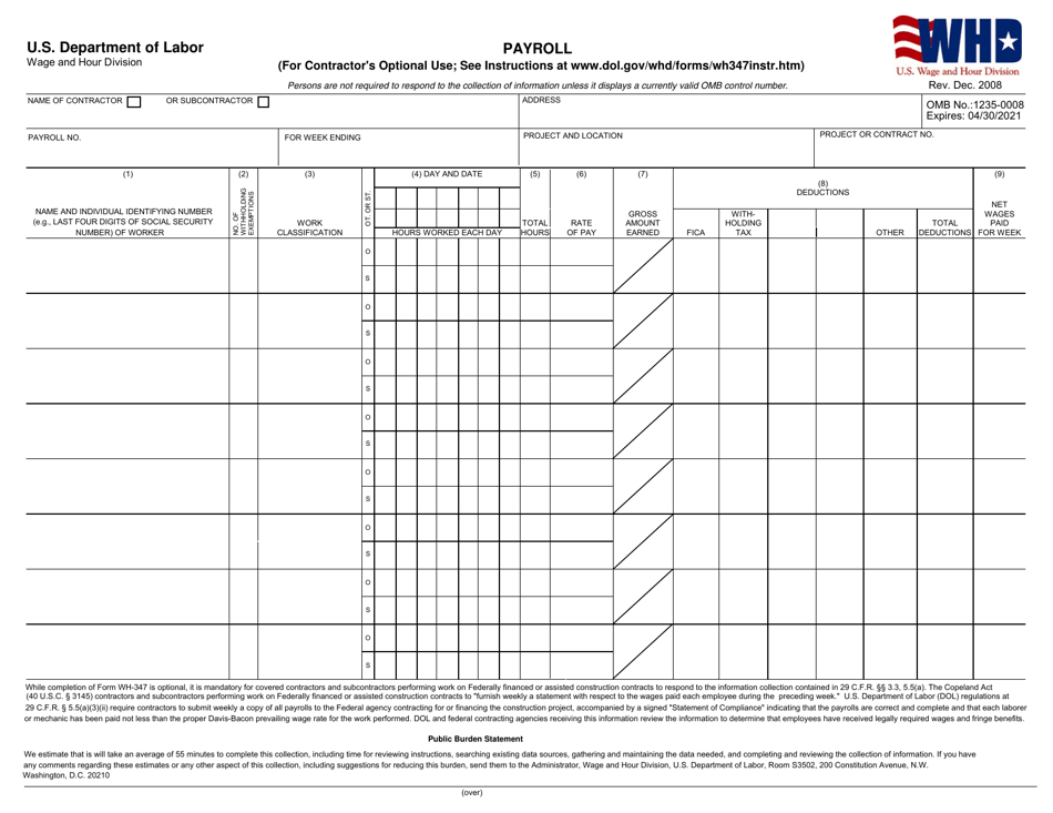 Form WH347 Fill Out, Sign Online and Download Fillable PDF