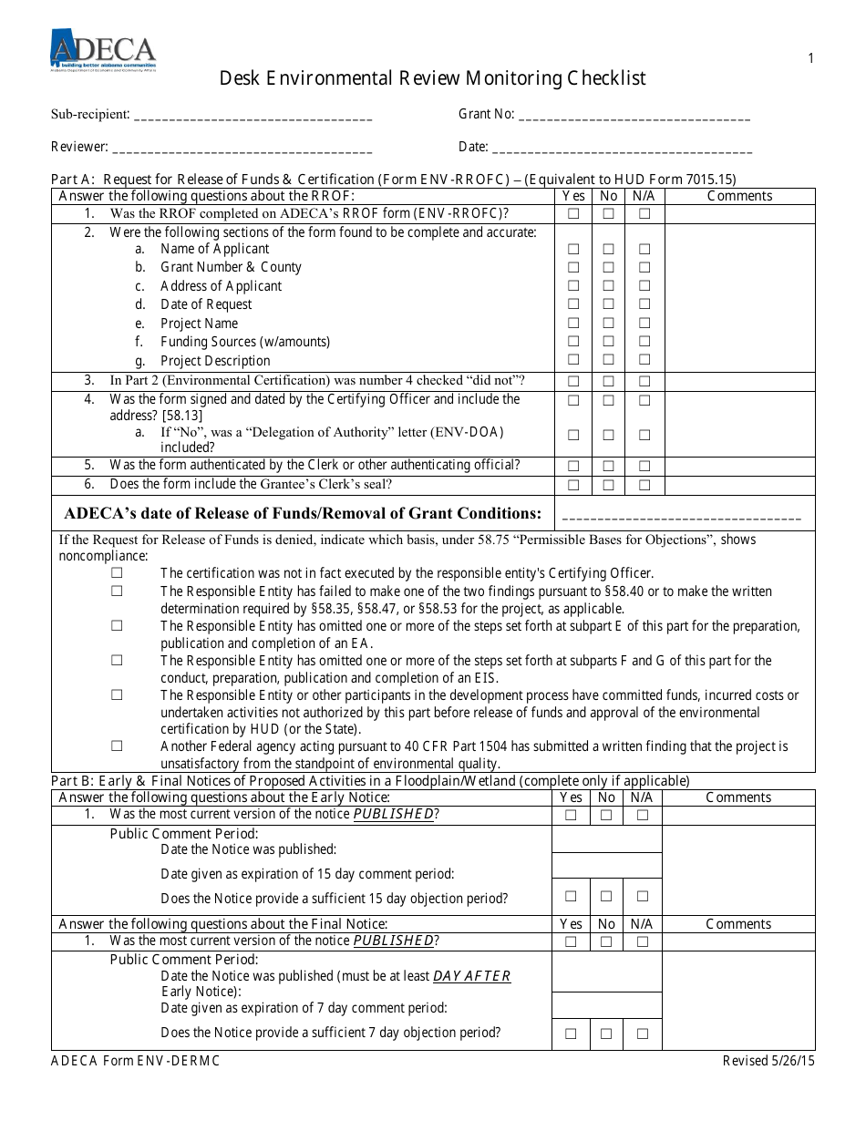 ADECA Form ENV-DERMC Desk Environmental Review Monitoring Checklist - Alabama, Page 1