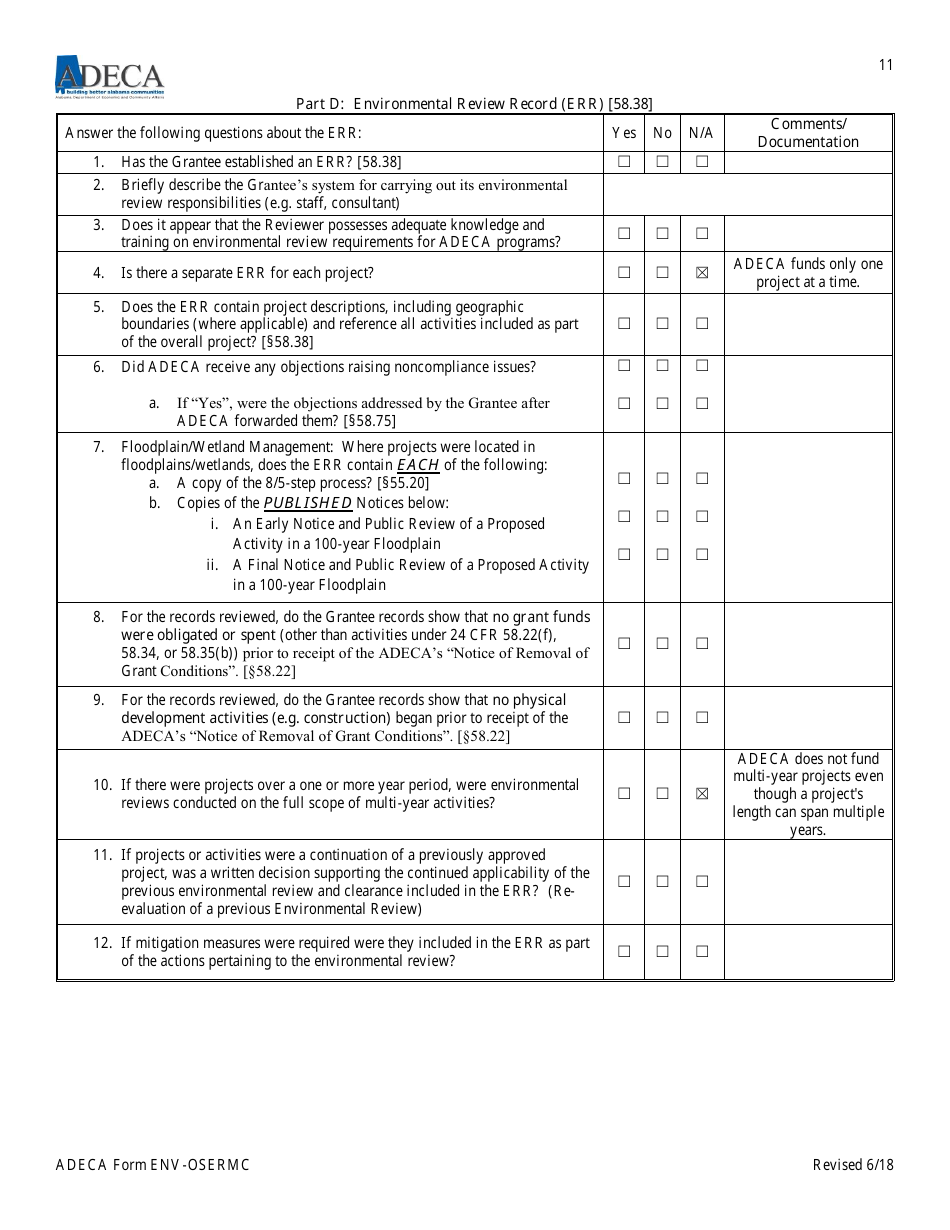 ADECA Form ENV-OSERMC On-Site Environmental Review Monitoring Checklist - Alabama, Page 11