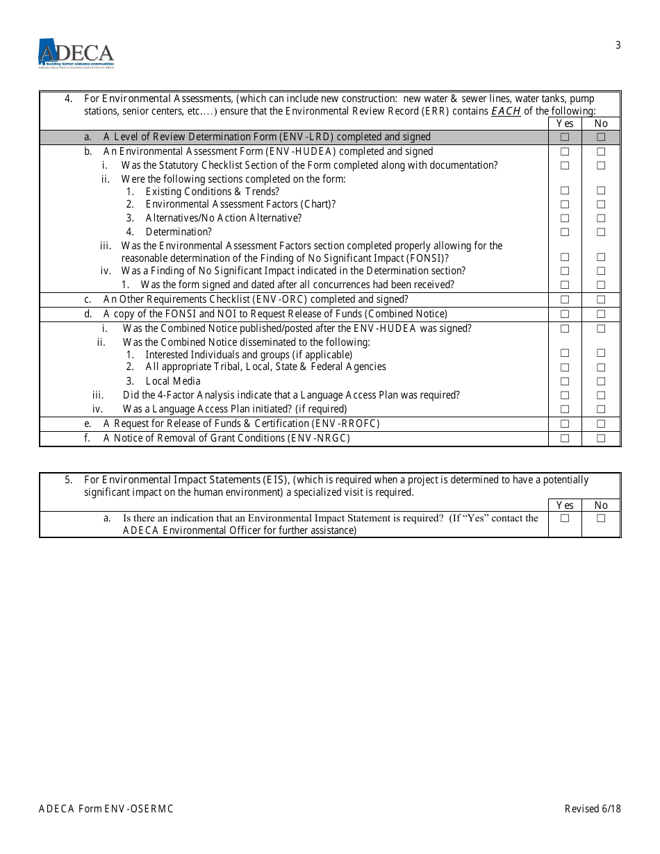 ADECA Form ENV-OSERMC On-Site Environmental Review Monitoring Checklist - Alabama, Page 3