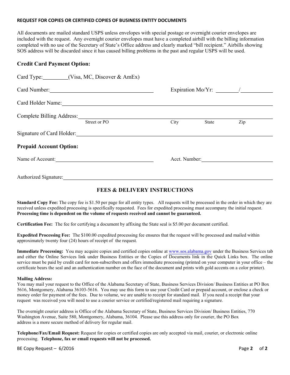 Request for Copies or Certified Copies of Business Entity Documents - Alabama, Page 2