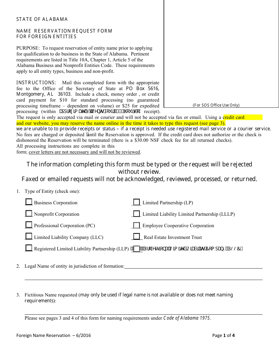 Name Reservation Request Form for Foreign Entities - Alabama, Page 1