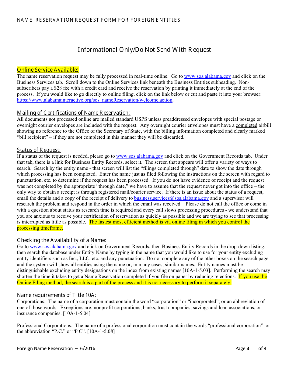 Name Reservation Request Form for Foreign Entities - Alabama, Page 3