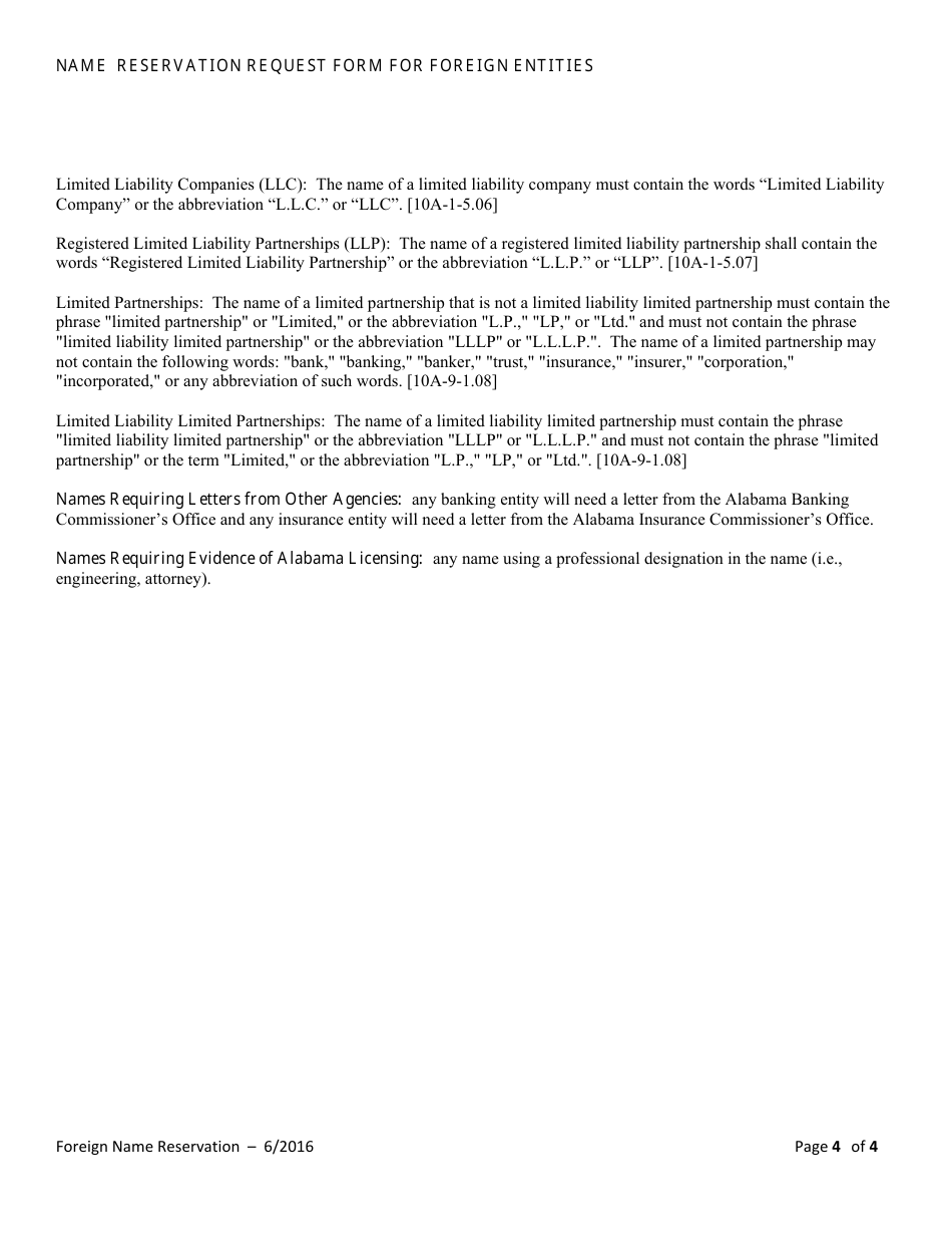 Name Reservation Request Form for Foreign Entities - Alabama, Page 4