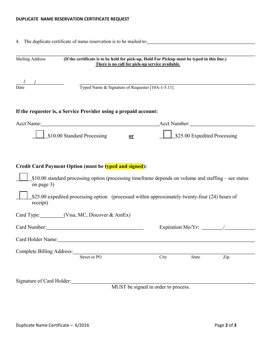 Duplicate Name Reservation Certificate Request Form - Alabama, Page 2