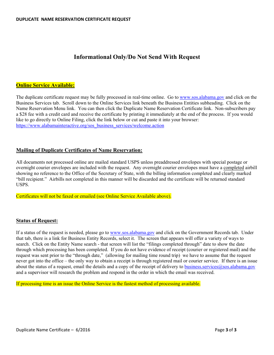 Duplicate Name Reservation Certificate Request Form - Alabama, Page 3