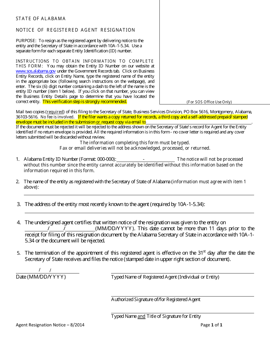 Notice of Registered Agent Resignation - Alabama, Page 1