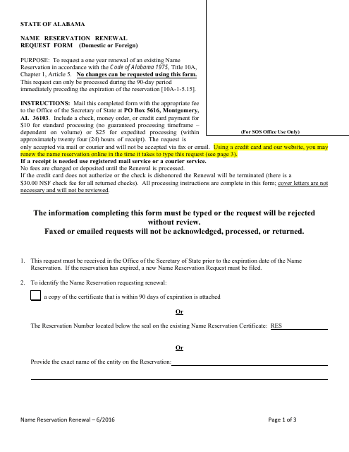 Name Reservation Renewal Request Form (Domestic or Foreign) - Alabama Download Pdf