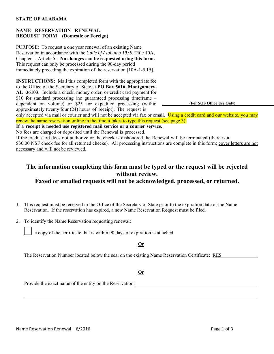 Name Reservation Renewal Request Form (Domestic or Foreign) - Alabama, Page 1