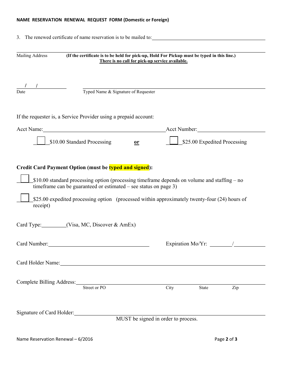 Name Reservation Renewal Request Form (Domestic or Foreign) - Alabama, Page 2