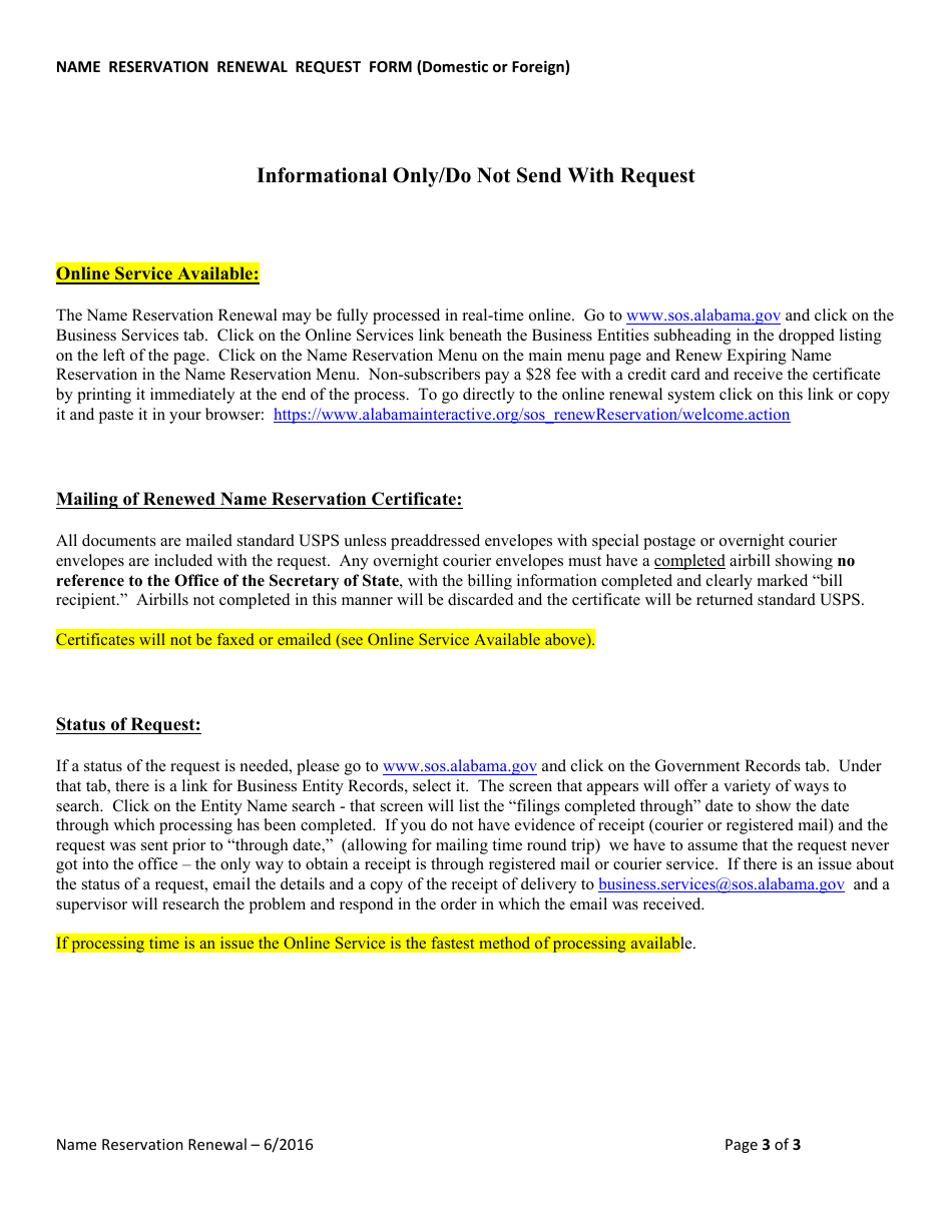 Name Reservation Renewal Request Form (Domestic or Foreign) - Alabama, Page 3
