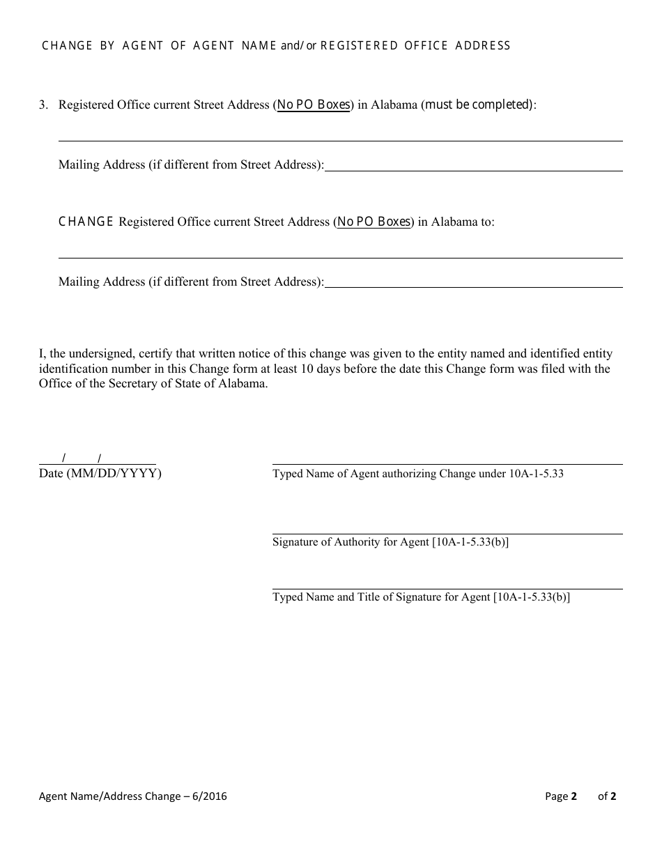 Change by Agent of Agent Name and / or Registered Office Address - Alabama, Page 2