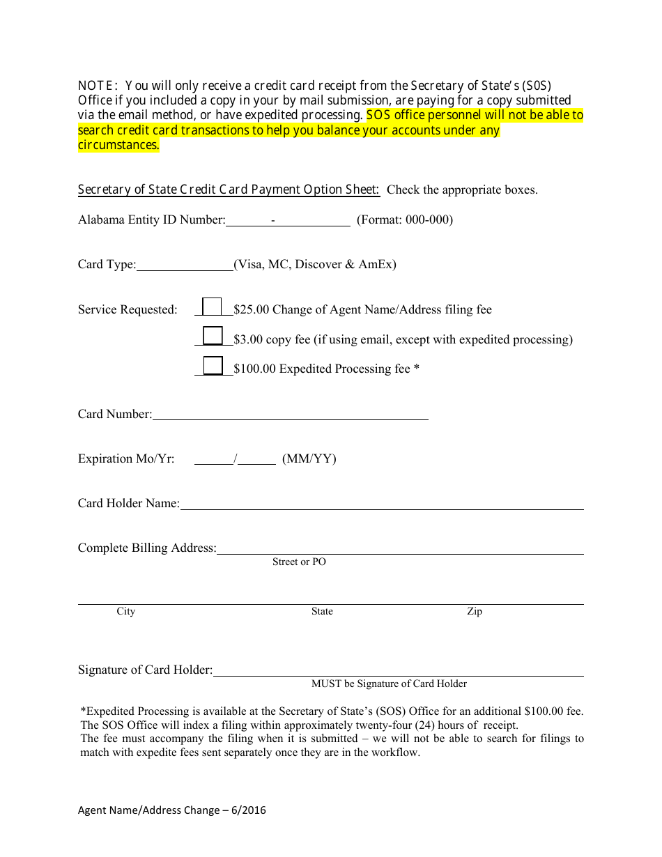 Change by Agent of Agent Name and / or Registered Office Address - Alabama, Page 3