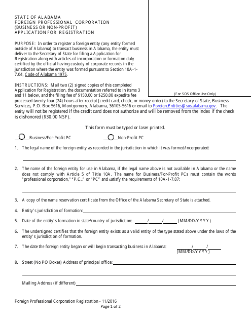 Foreign Professional Corporation (Business or Non-profit) Application for Registration - Alabama Download Pdf