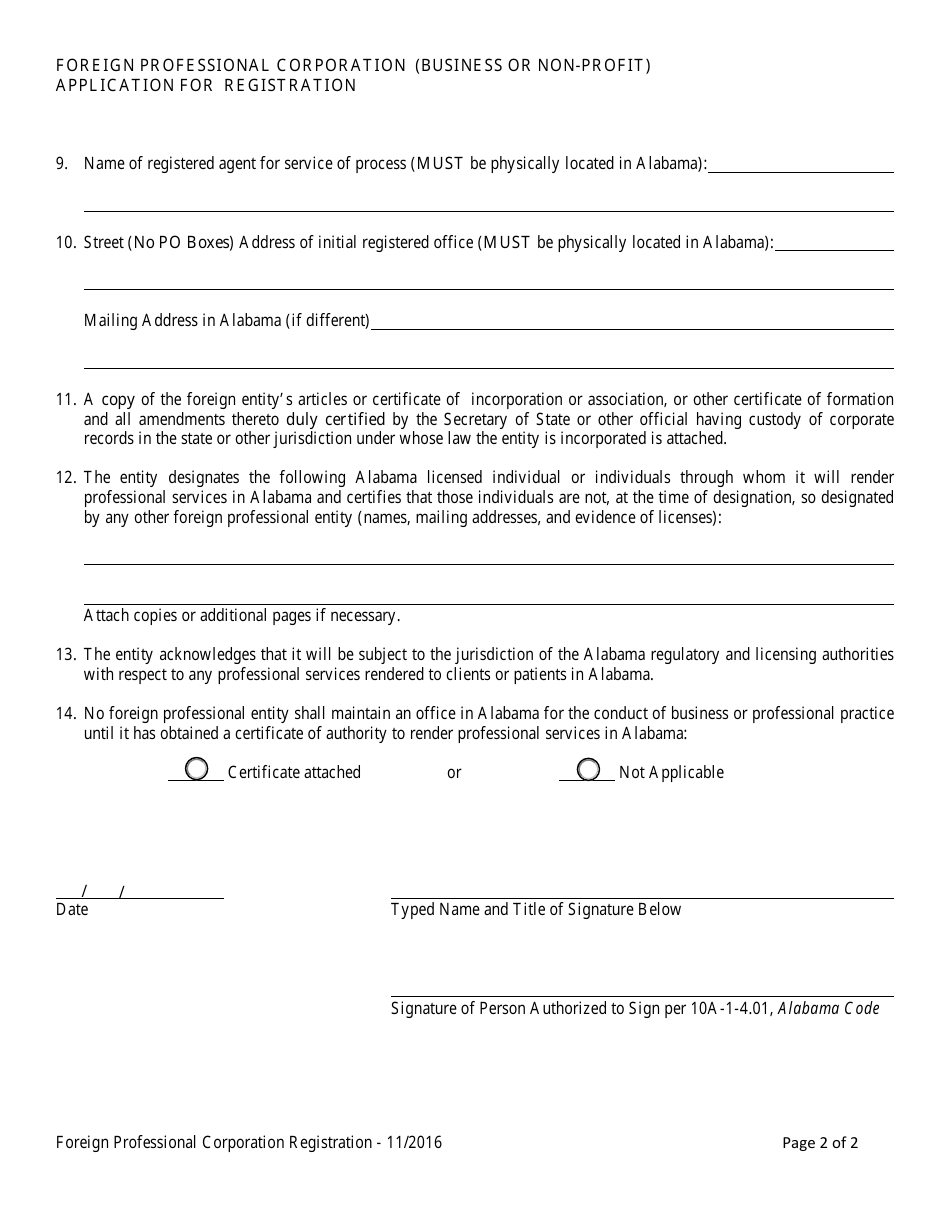 Foreign Professional Corporation (Business or Non-profit) Application for Registration - Alabama, Page 2