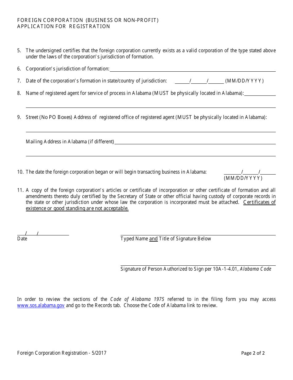 Foreign Corporation (Business or Non-profit) Application for Registration - Alabama, Page 2