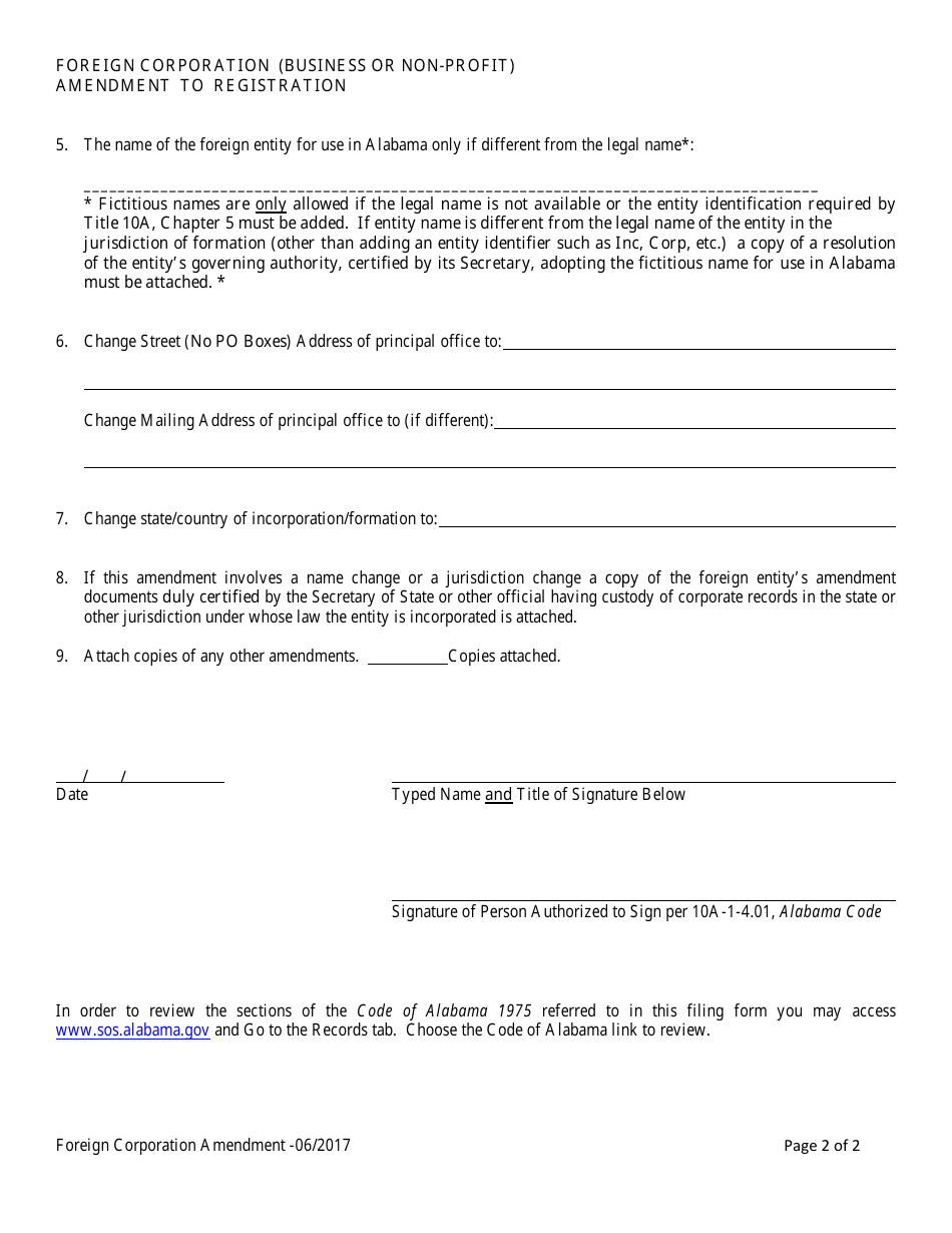 Foreign Corporation (Business or Non-profit) Amendment to Registration - Alabama, Page 2