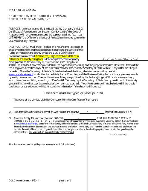 Domestic Limited Liability Company Certificate of Amendment - Alabama Download Pdf