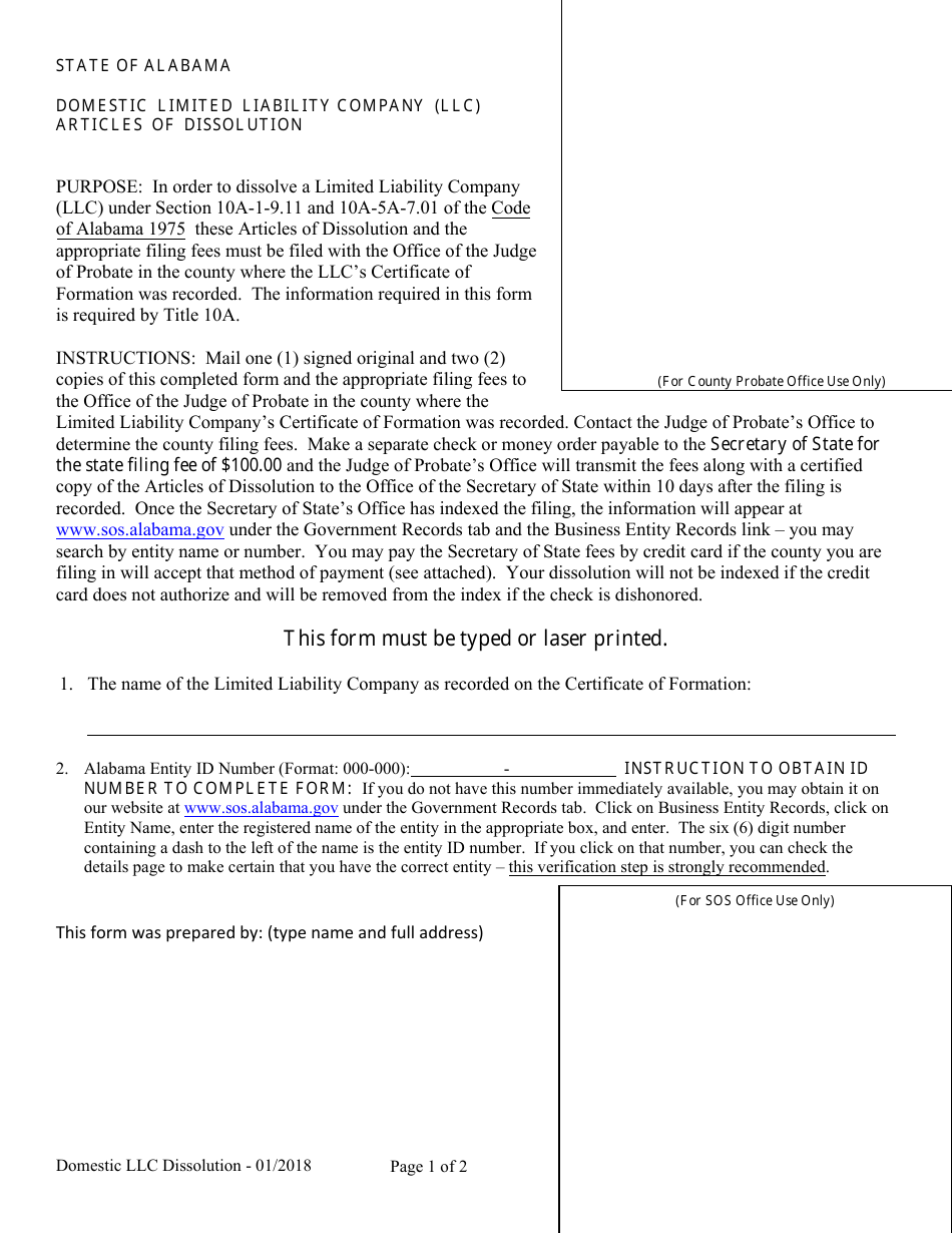 Domestic Limited Liability Company (LLC) Articles of Dissolution - Alabama, Page 1