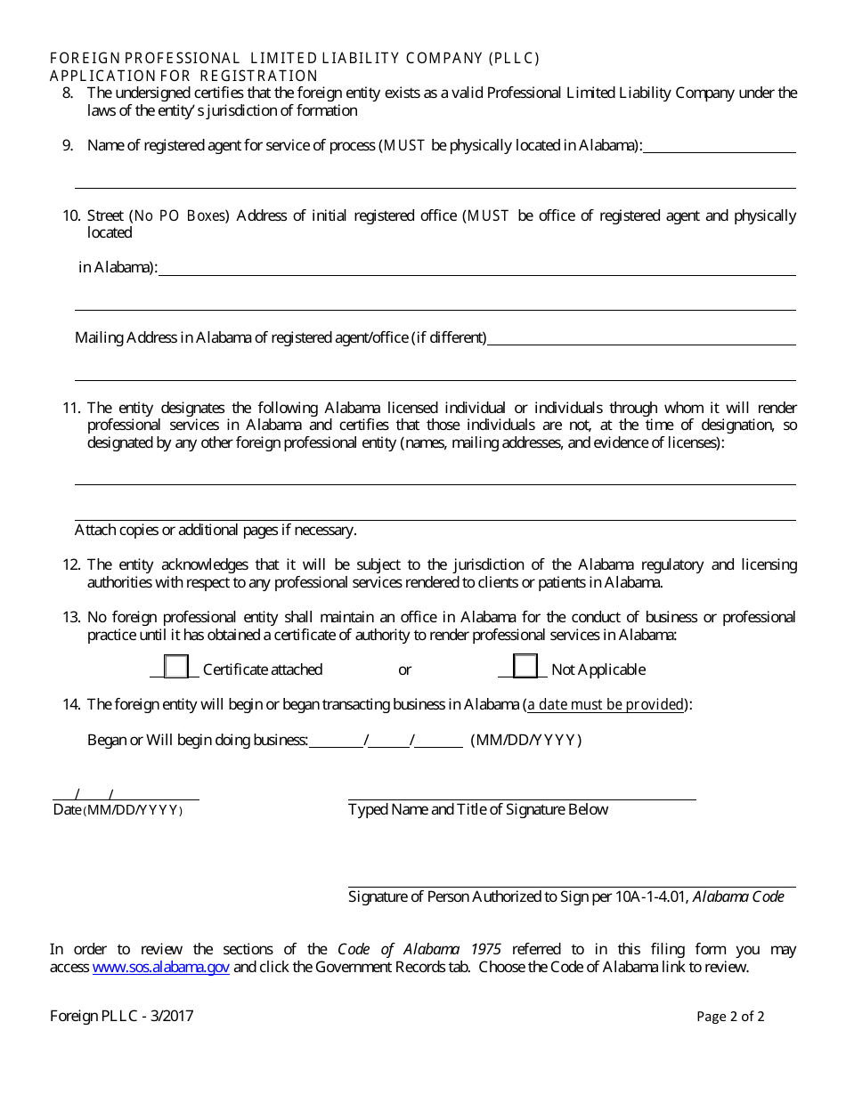 Foreign Professional Limited Liability Company (Pllc) Application for Registration - Alabama, Page 2