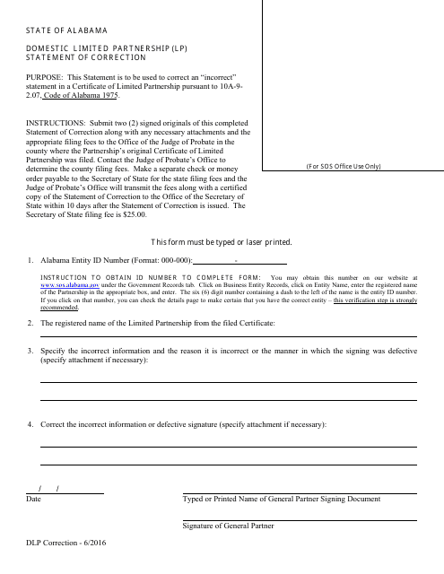 Domestic Limited Partnership (Lp) Statement of Correction - Alabama Download Pdf