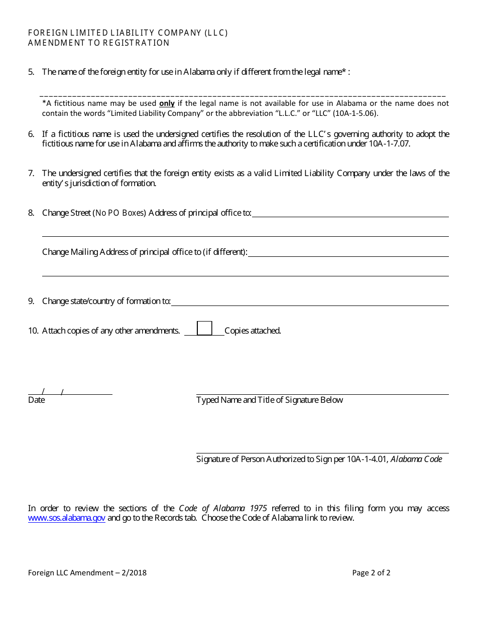Foreign Limited Liability Company (LLC) Amendment to Registration - Alabama, Page 2