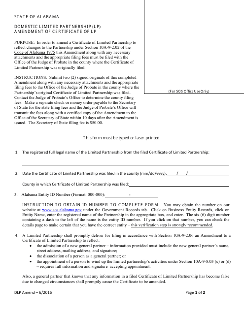 Domestic Limited Partnership (Lp) Amendment of Certificate of Lp - Alabama Download Pdf